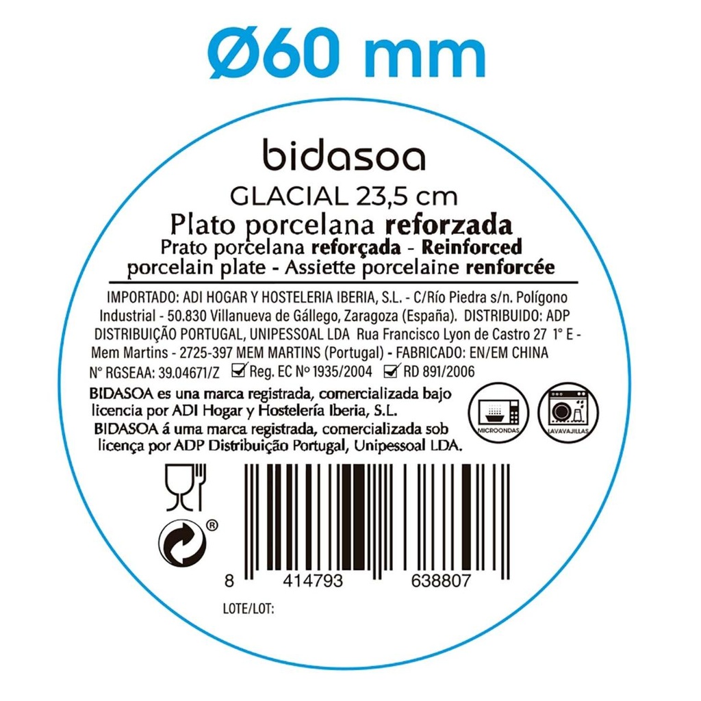 Prato raso 25cm em porcelana, Linha GLACIAL Aba larga - BIDASOA