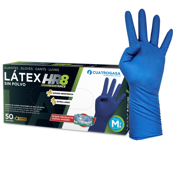 [LLA000900] Luvas de Latex HR 8 Cuatrogasa sem pó azul - Tamanho S (Pack 50)
