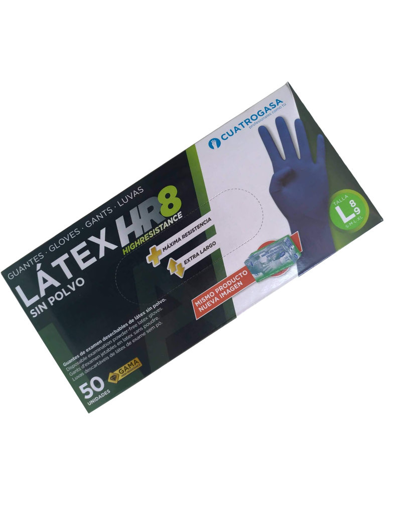 [LLA000920] Luvas de Latex HR 8 Cuatrogasa sem pó azul - Tamanho L (Pack 50)