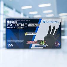 [LNI000360] Luvas de Nitrilo Cuatrogasa Extreme Lite Preto, 5,2g - Tamanho XL (Pack 100)