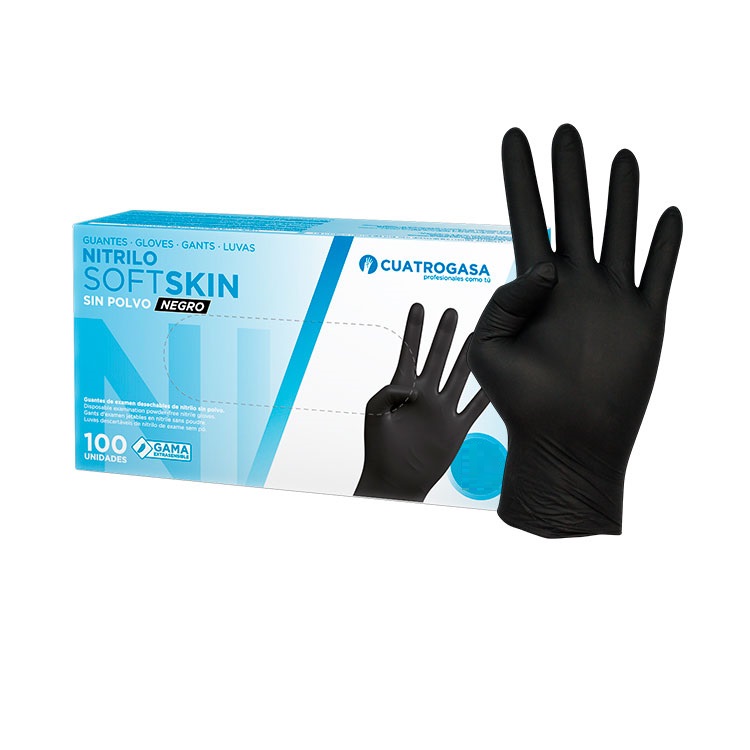 [LNI000520] Luvas de Nitrilo Cuatrogasa SoftSkin sem pó Preta 3g - Tamanho M (Pack 100)