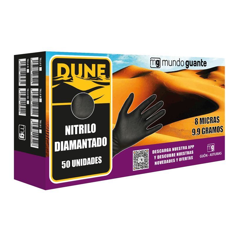 [MGUA0016906-D9980S] Luvas em nitrilo preto diamantadas I 8 micras 9,5 gramas I modelo: Dune I MUNDOGUANTE (pack 50 unidades) - Tamanho S