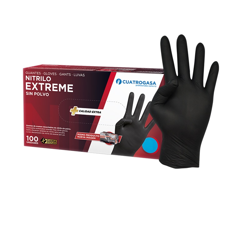 [P1985] Luvas de Nitrilo Cuatrogasa Extreme sem pó Preta 6 gramas (Pack 100) (S)
