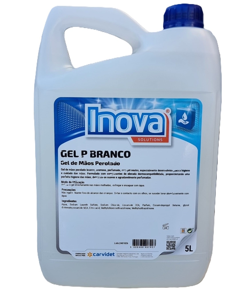 [QUI007050] GEL P Branco, 5 litros: Gel de mãos higienizante I INOVA