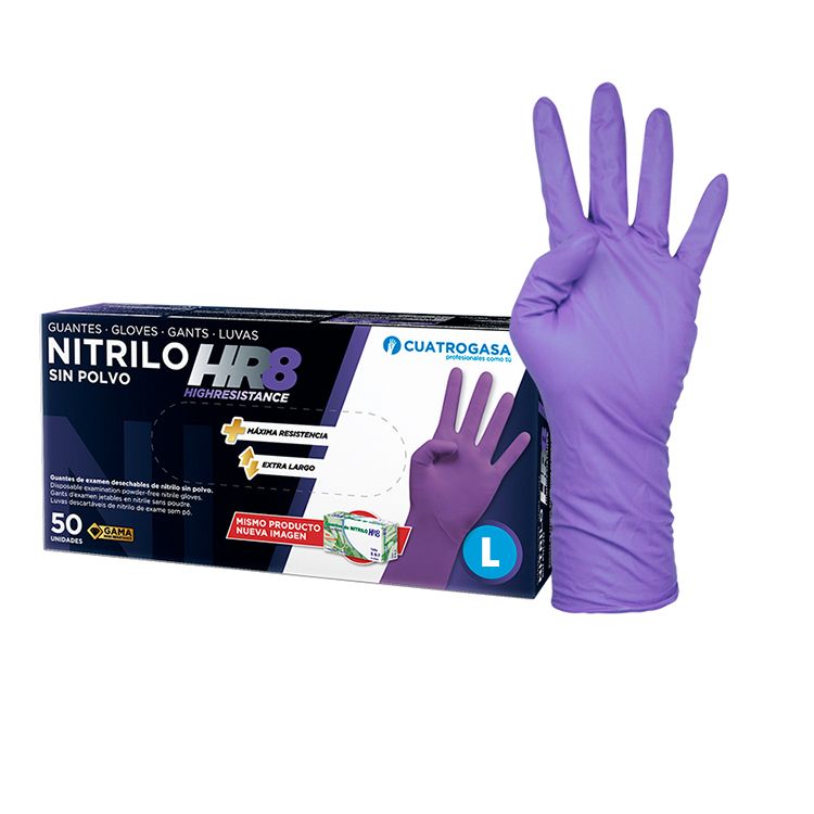 [CUAT003332] Luvas de nitrilo HR 8 roxa sem pó I 30 cm de comprimento I 11,4 gramas I Cuatrogasa (Pack 50) (S)