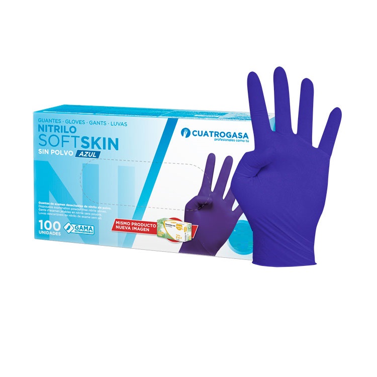 [LNP001010-P465] Luvas de Nitrilo Cuatrogasa SoftSkin sem pó Azul 3g - Tamanho L (Pack 100)